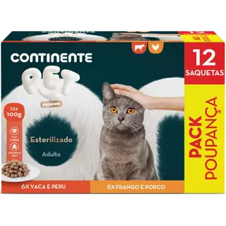 Comida Húmida para Gato Adulto Esterilizado Vaca, Peru, Frango e Porco Continente Pet (emb. 12 x 100 g)