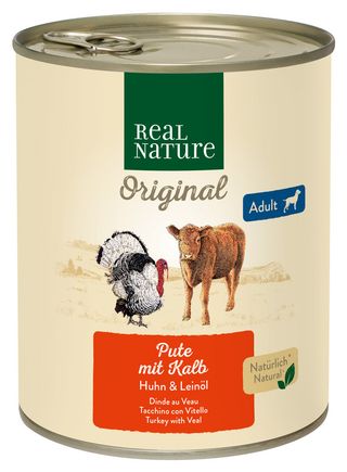 Zestaw promocyjny 6 szt. - 30% Real Nature Adult indyk, cielęcina, ryż 800g
