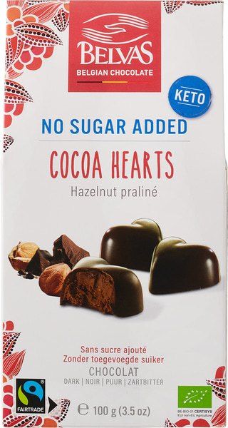 Praline belgiene Cocoa Hearts, BIO, fara zahar, 100g