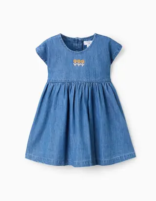 Vestido de ganga com flores bordadas para bebé menina, azul, Tamanho 6/9M