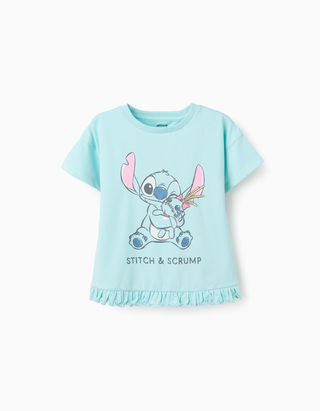 T-shirt de algodão com estampado Stitch e Scrump para menina, azul-claro, Tamanho 5 - 6