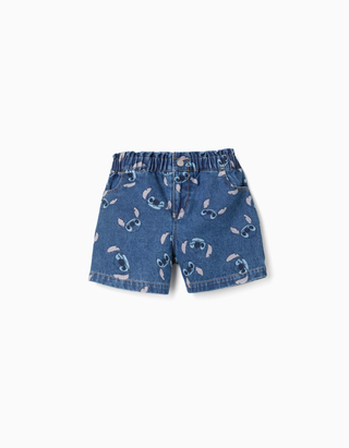 Calções de ganga com motivo Stitch e cintura paperbag para menina, azul, Tamanho 11 - 12