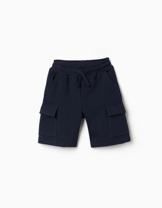 Calções em felpa com bolsos cargo e cordão para menino, azul-escuro, Tamanho 6 - 7