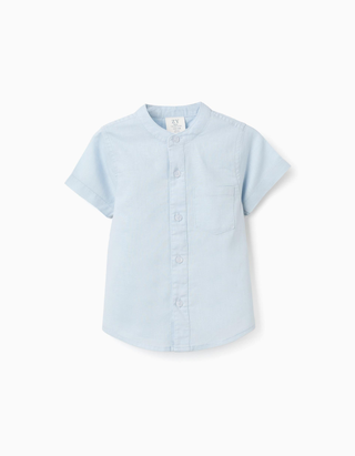 Camisa de linho e algodão com bolso para bebé menino, azul-claro, Tamanho 6/9M