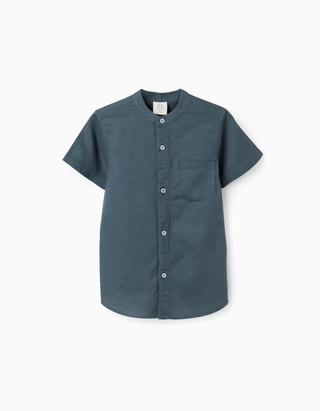 Camisa de linho e algodão com bolso para menino, azul-cinza, Tamanho 7 - 8