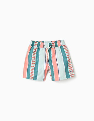 Calções de banho às riscas com cordão para menino, laranja/verde, Tamanho 4 - 5
