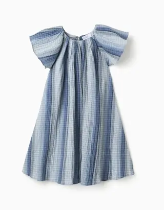 Vestido de algodão evasé com mangas borboleta para menina, azul, Tamanho 6 - 7
