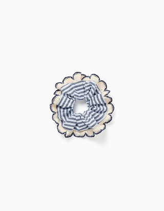 Scrunchie às riscas com borda em crochê para menina, azul/branco, Tamanho Único
