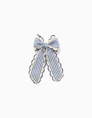 Travessão com laço às riscas e borda em crochê para menina, azul/branco, Tamanho Único