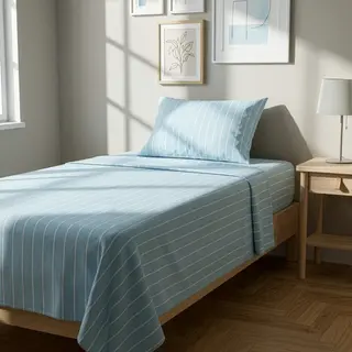 Completo letto 1 piazza e mezza policotone righe - azzurro