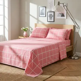 Completo letto matrimoniale policotone quadrotti - rosa