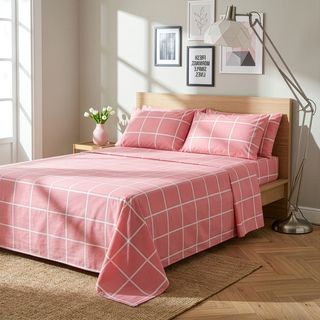 Completo letto matrimoniale policotone quadrotti - rosa