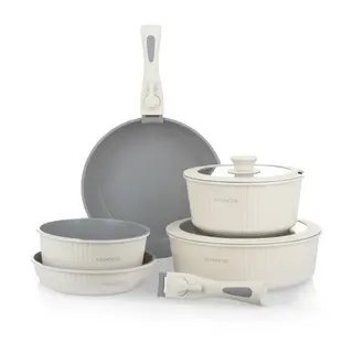 Batteria pentola 9 pezzi crema - Eaziclip con manici staccabili