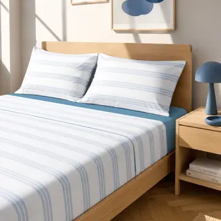 Completo letto matrimoniale righe blu - cotone