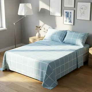 Completo letto matrimoniale policotone quadrotti - azzurro