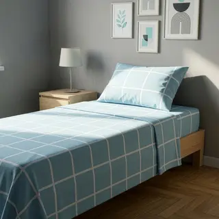 Completo letto singolo policotone quadrotti - azzurro