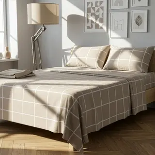 Completo letto matrimoniale policotone quadrotti - sabbia