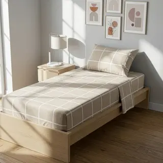Completo letto singolo policotone quadrotti - sabbia