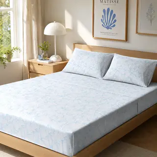 Completo letto matrimoniale policotone foglie - azzurro