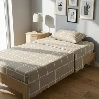 Completo letto 1 piazza e mezza policotone quadrotti - sabbia