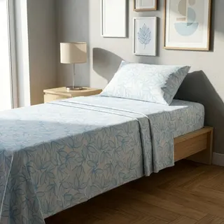 Completo letto 1 piazza e mezza policotone foglie - azzurro