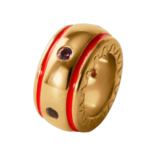 Charm de plata 925 bañada en oro amarillo de 18K con amatistas moradas y esmalte rojo con forma circular