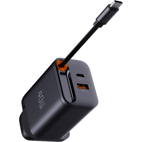 Vaib Black 40W Gan Charger With Retractable Cable
