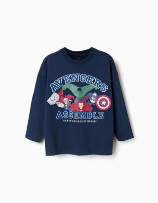T-shirt de manga comprida de algodão Vingadores para menino.,azul-marinho,Tamanho 9/10