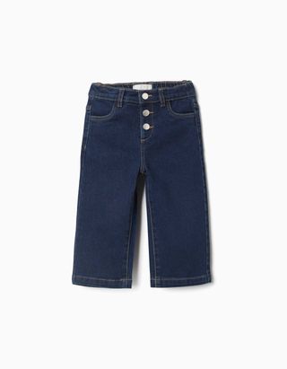 Calças de ganga wide leg com molas de pressão para bebé menina,azul-escuro,Tamanho 18/24M