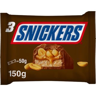 Barrita de chocolate con leche rellena de crema de cacahuete y caramelo Snickers pack de 3 unidades de 50 g