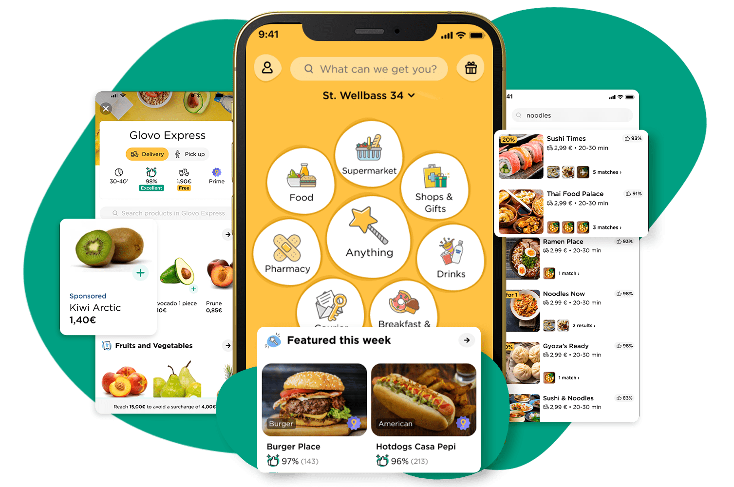 Screenshots of ads on the Glovo app