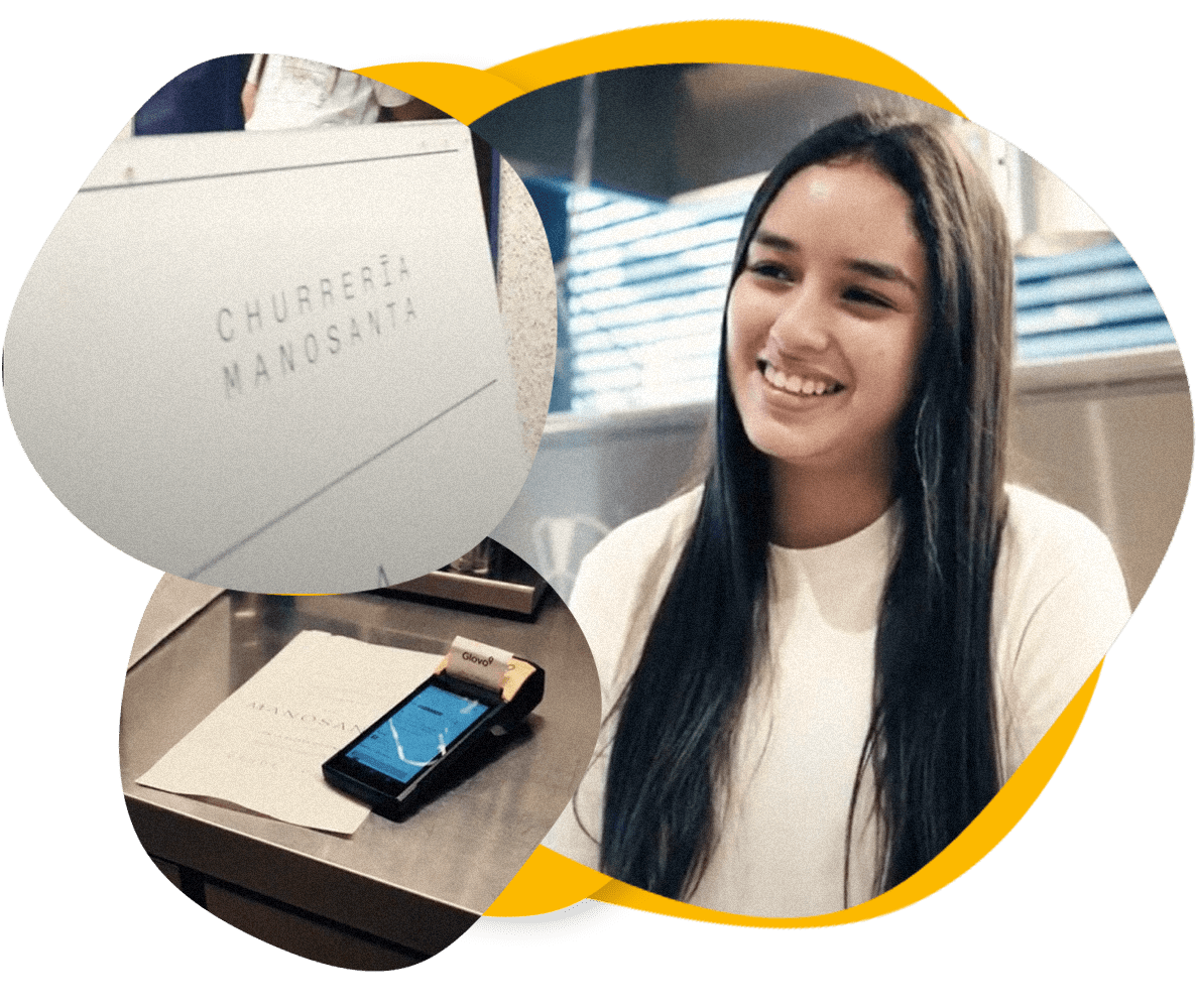Churreria Manosanta sign, employee and point of sale device
