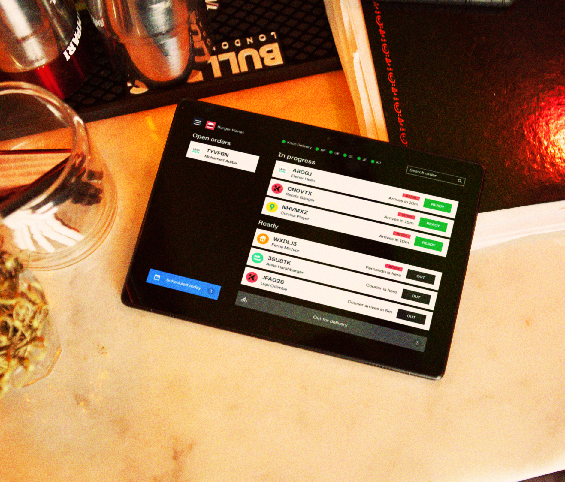 Tablet displaying restaurant orders
