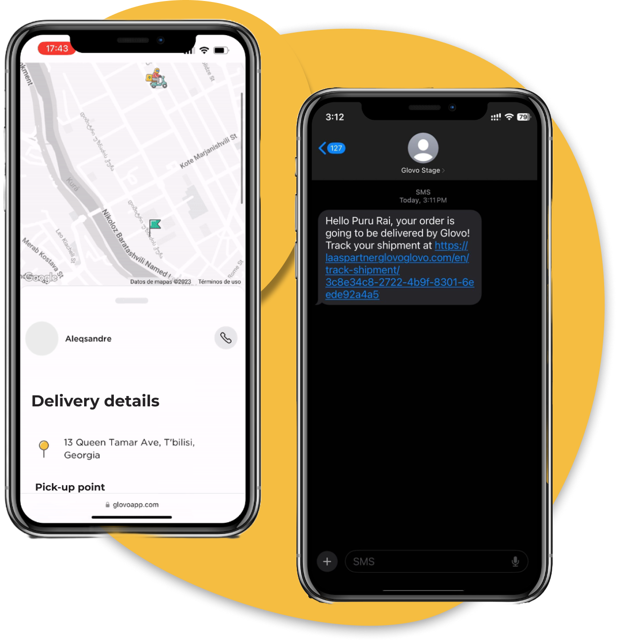 Phones showing the Glovo app and an example text message
