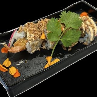 Gamba y queso cubierto de cebolla