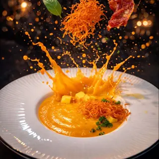 Crema De Calabaza Con Naranja, Jengibre Y Jamón Crujiente