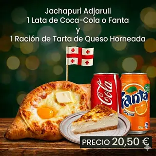 Khachapuri acharuli, tarta de queso horno.y 1 lata Cocacola 