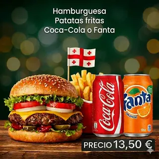 Hamburguesa de mixto o de pollo, patatas fritas y Cocacola o Fanta