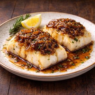 Lomos De Bacalao Con Cebolla Caramelizada Y Miel