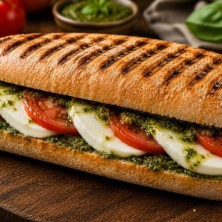 Panini de tomate, mozzarella y pesto