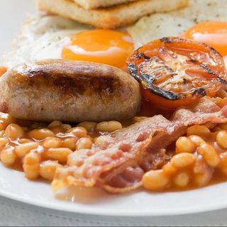 Danish Bacon + 1 Sausage + 1 Egg, Beans, Tomato And Toast