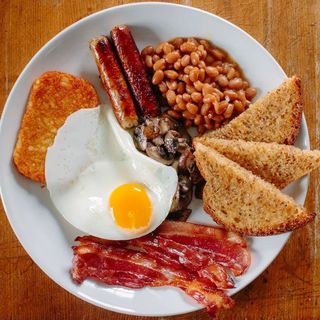 Danish Bacon + 1 Sausage + 2 Eggs, Hash Brown, Beans