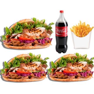 3 Pita Kebab + Patatas Mediana + Coca-Cola Sabor Original botella 2L.