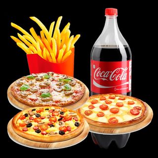 3 Pizzas + Patatas Mediana + Coca-Cola Sabor Original botella 2L.