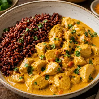 Pollo al curry, latte di cocco e riso rosso