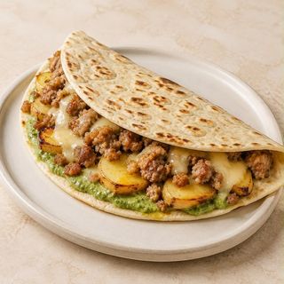 Salsiccia Az. Agr. Stefanoni, scamorza affumicata, patate e crema di basilico