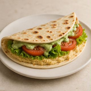 Hummus di ceci, insalata, pomodoro fresco e crema di basilico