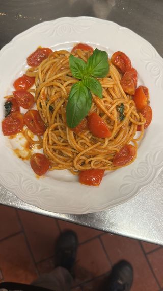 Spaghetti pasta corta pomodoro e basilico