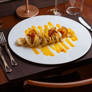 Bigoli  zucca, Monte Veronese e pancetta croccante