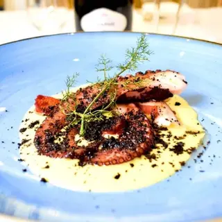 Polpo arrosto su crema di patate e polvere d’olive nere